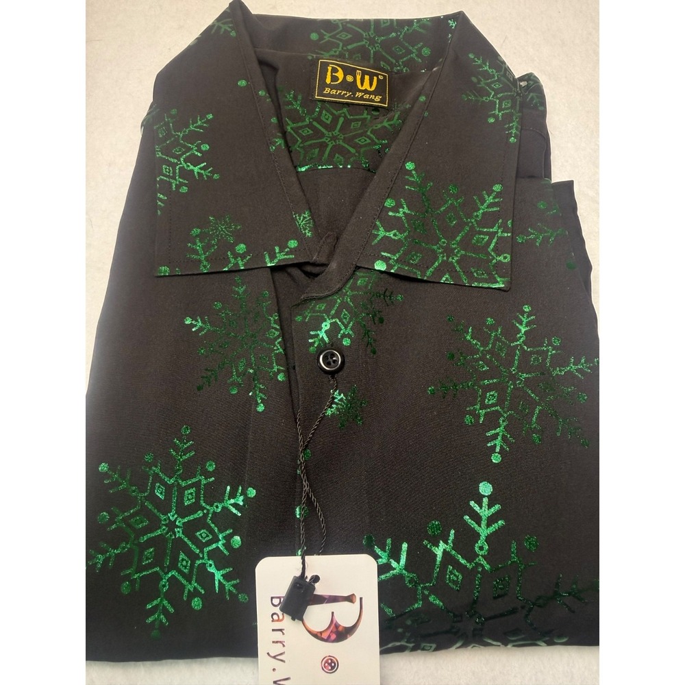 Barry Wang NWT XL Black Snowflake Shirt Metallic Green Christmas Button Up